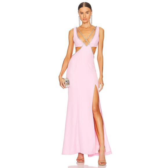 Majorelle Matteson Gown Pink‎ Crystal Strap Cutout Waist Plunge Sleeveless Sz S - Picture 1 of 15